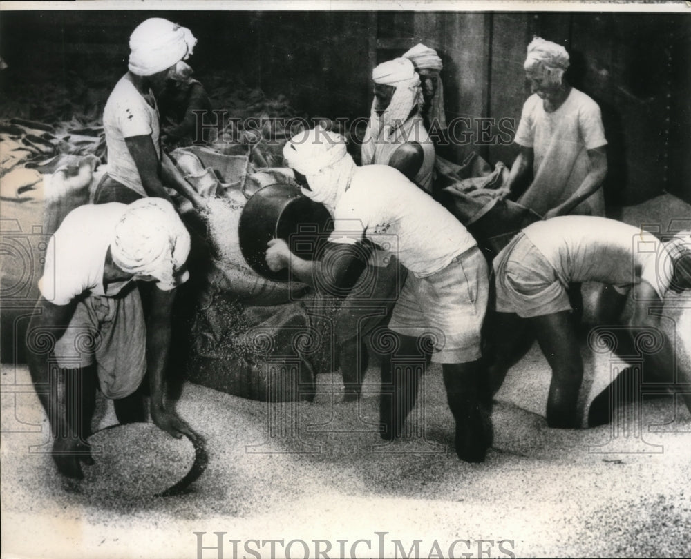 1968 Press Photo Indian Workmen bundle wheat before unloading at the USS Neptune