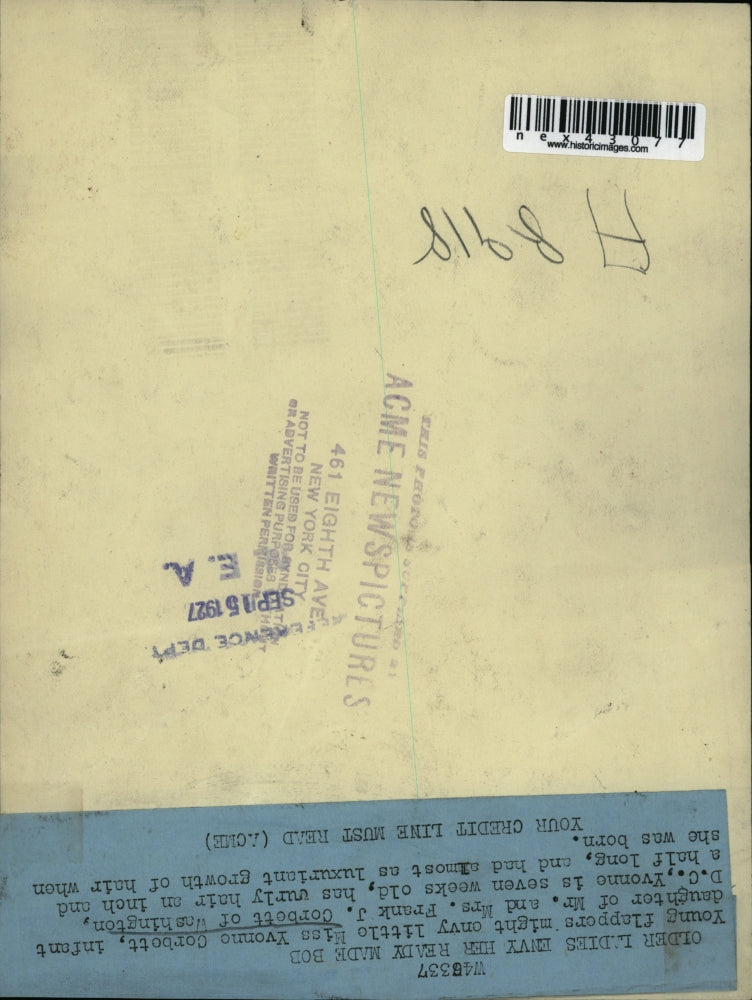 1927 Press Photo Yvonne Corbett, Washington DC 7 weeks old