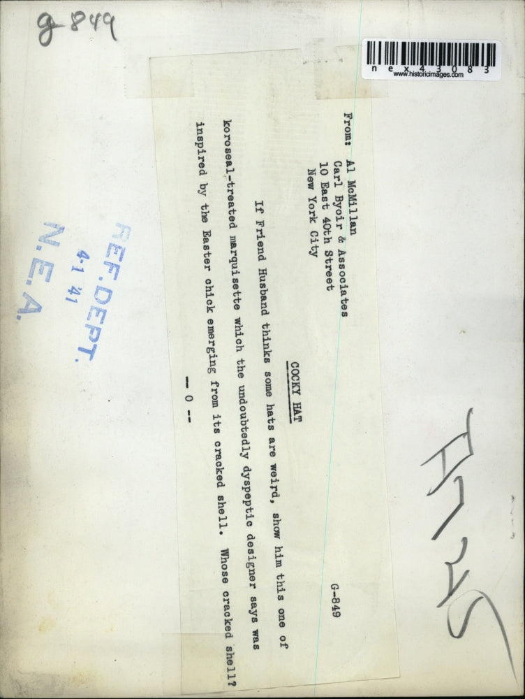 1941 Press Photo Al McMillan designed hat