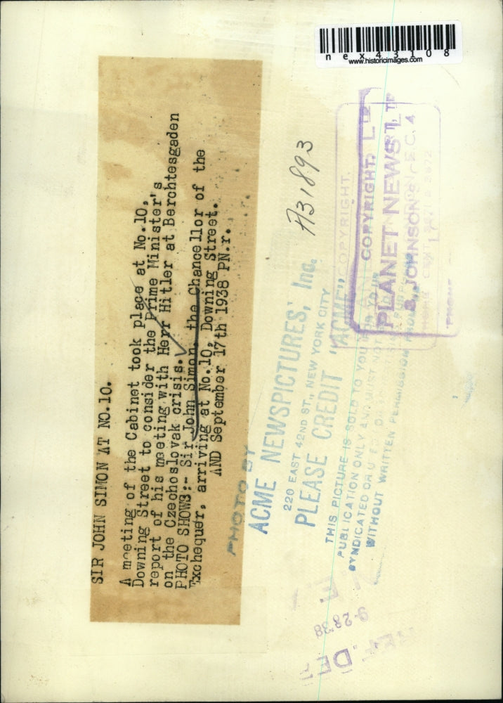 1938 Press Photo Sir John Simon, the Chancellor of the Exchequer, arriving at