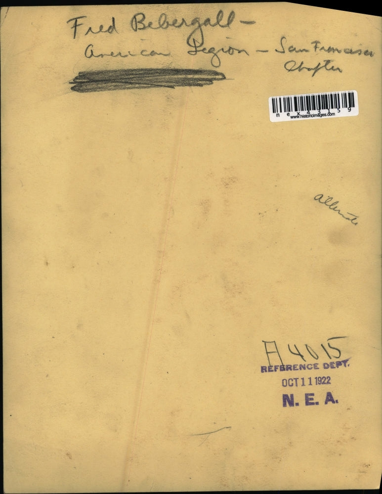 1922 Press Photo Fred Bebergall , American Legion, San Francisco chapter.
