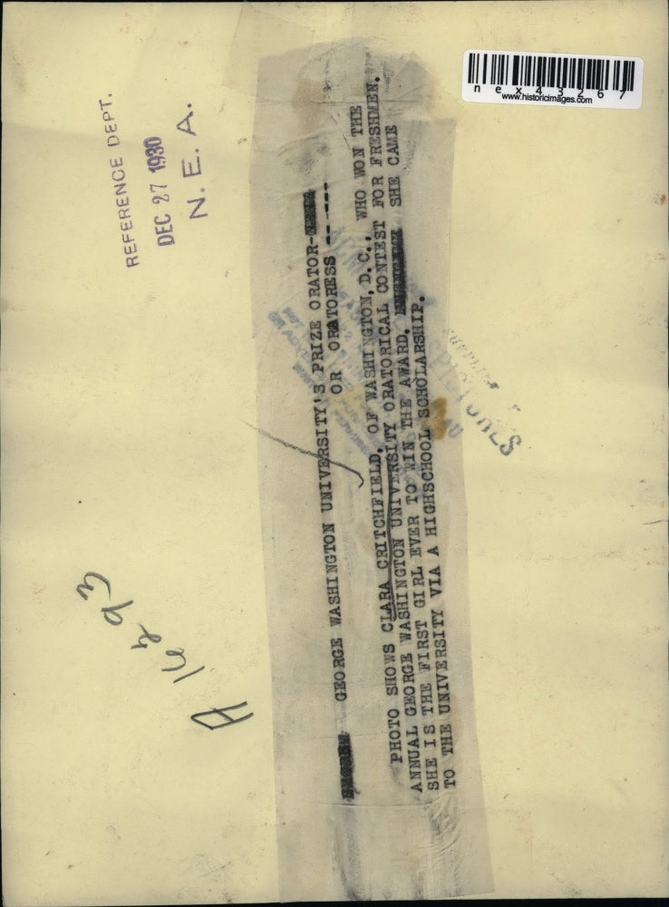 1930 Press Photo Clara Critchfield, Winner George Washington Oratorical Contest