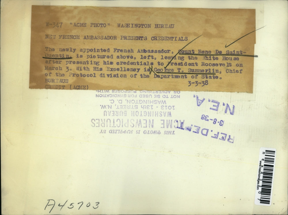 1938 Press Photo newly appointed French Ambassador, Count Rene De Saint-Quentin