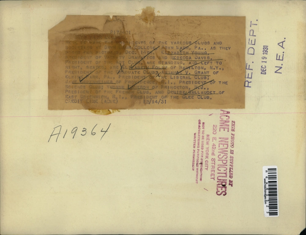 1931 Press Photo Bryn Mawr College, E Young, E Foley, A Grant, J Bertnheimer