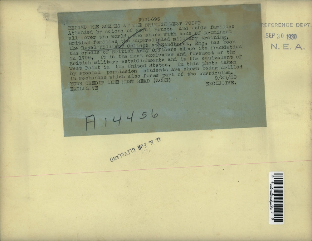 1930 Press Photo Royal Military College at Sandhurst cadets at class