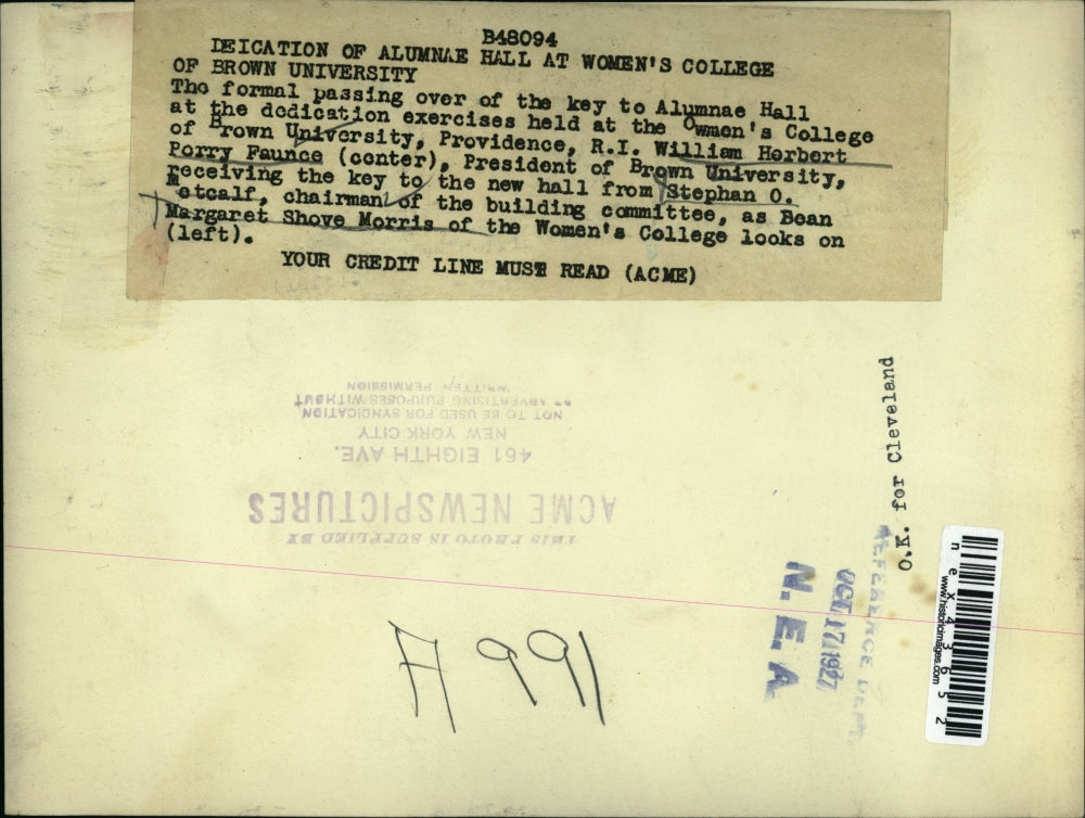 1927 Press Photo Brown Univ in RI Wm Herbert, P Faunce pres & M S Morris