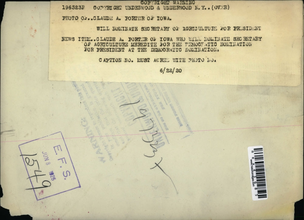 1920 Press Photo Claude A Porter of Iowa will nominate Sc of Agri Meredith