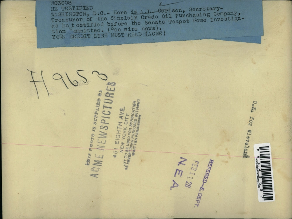 1928 Press Photo Wash Dc AL Carlson Sec Treas ofd Sinclair Crude Oil