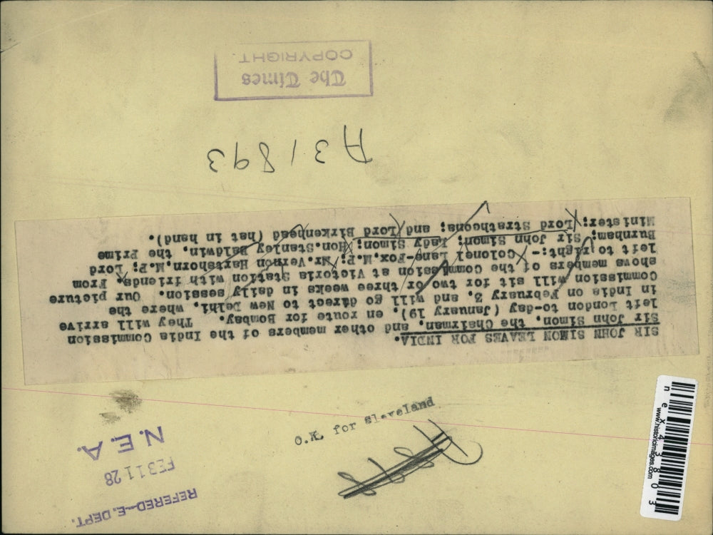 1928 Press Photo Sir John Simon leaves for India. Shown left to right: Colonel