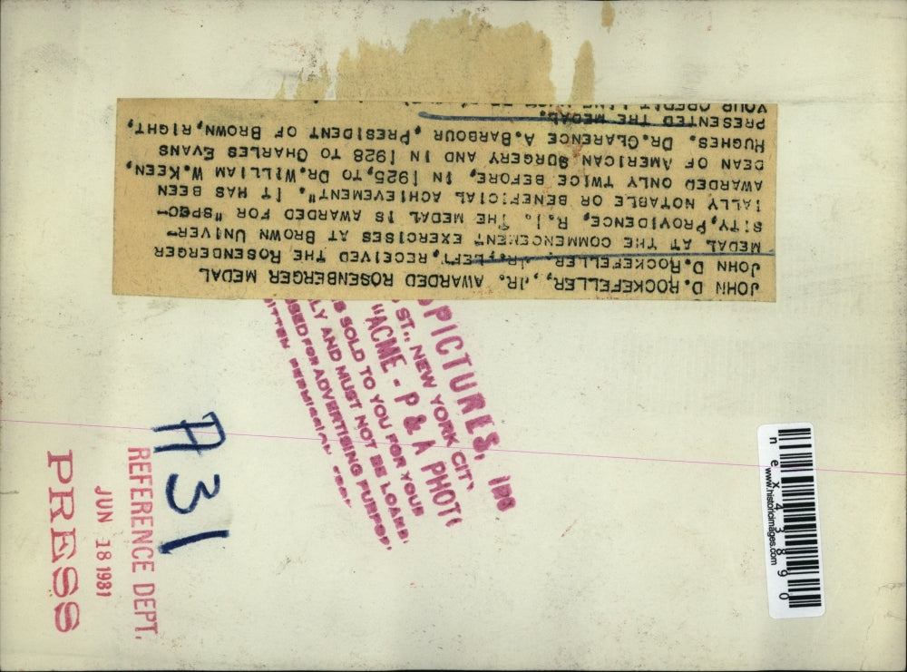 1931 Press Photo John D. Rockefeller, oil magnate Rosenberger Medal Brown Univ.