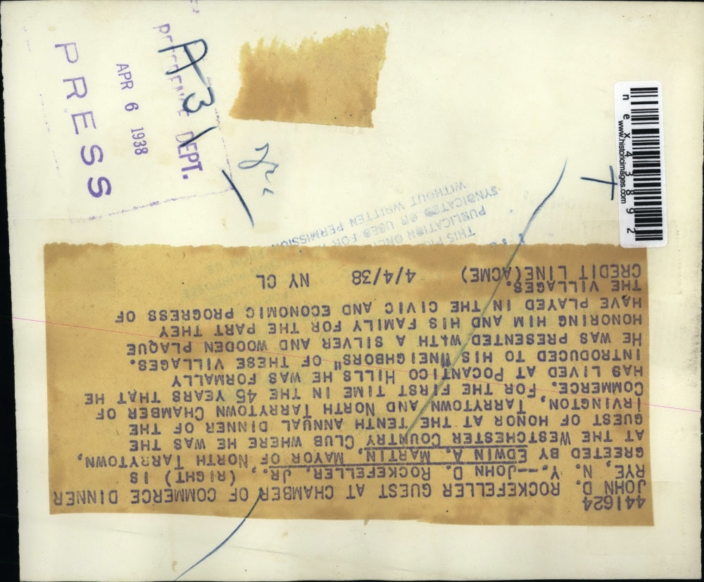 1938 Press Photo John D. Rockefeller Jr Rye New York, Chamber of Commerce