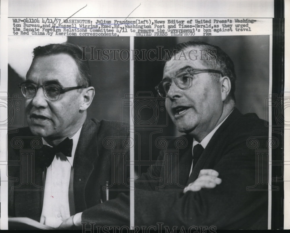 1957 Press Photo Wash Dc Julius Frandsen editor UP & JR Wiggins of Wash Post