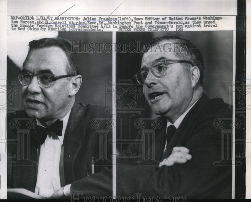 Load image into Gallery viewer, 1957 Press Photo Wash Dc Julius Frandsen editor UP &amp; JR Wiggins of Wash Post
