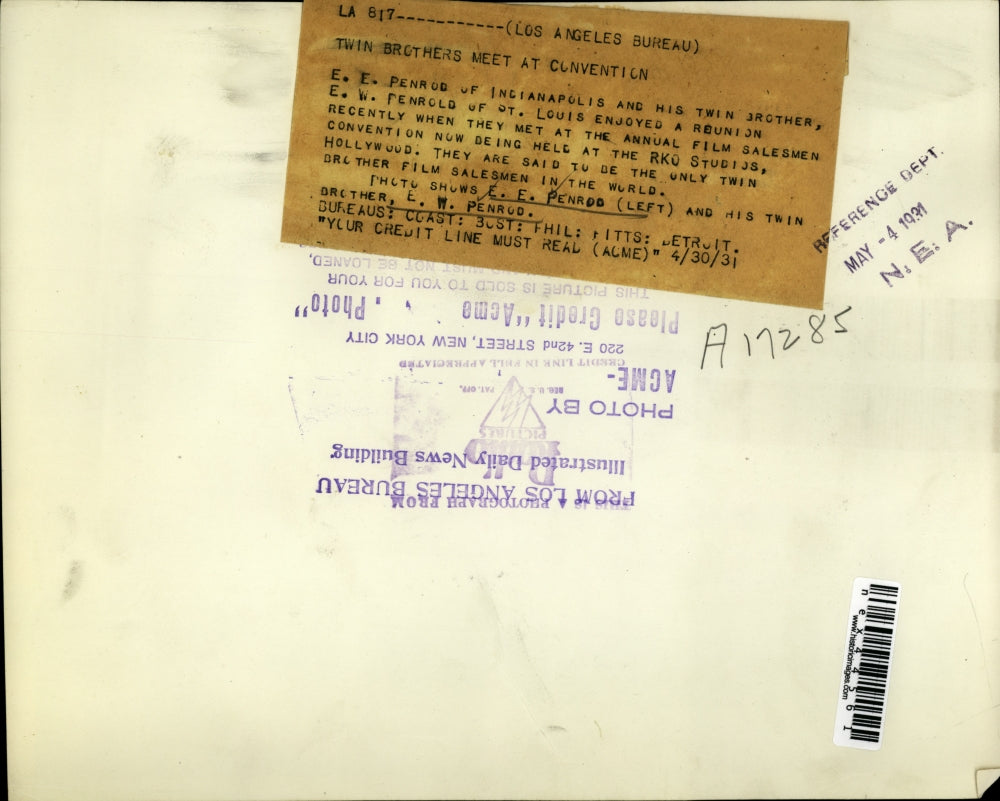 1931 Press Photo E.E. Penrod & twin brother E.W. Penrod, film slaesmen