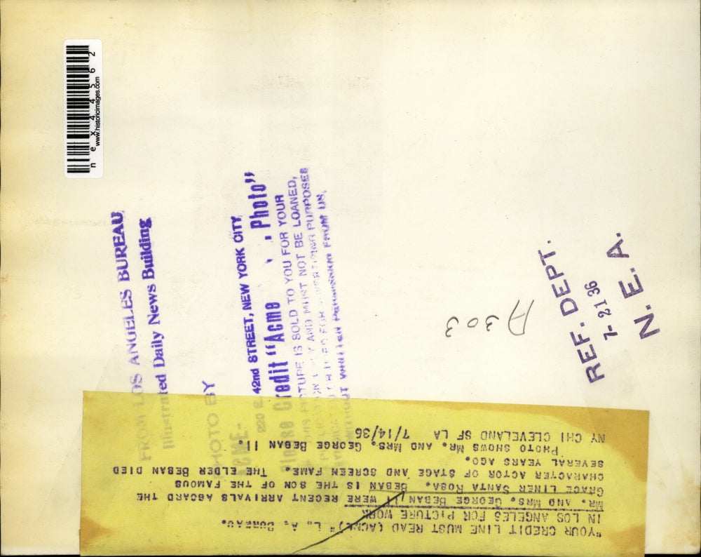 1936 Press Photo Mr & Mrs George Beban in Los Angeles on Santa Rosa liner