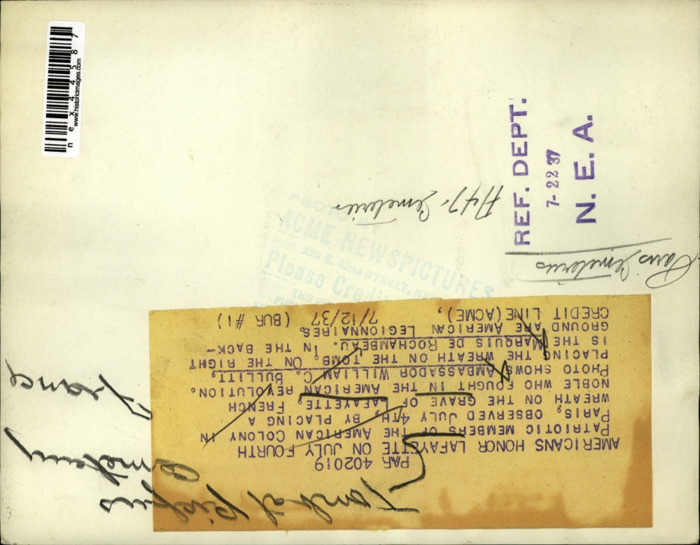 1937 Press Photo US Amb Wm Bullitt at Paris Tomb of Unknown Soldier