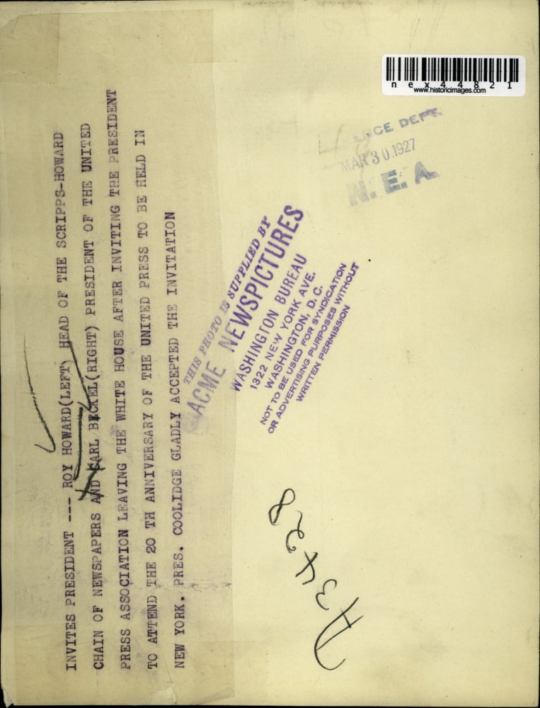 1927 Press Photo Roy Howard Scripps-Howard Newspapers with Cark Beckel(right)