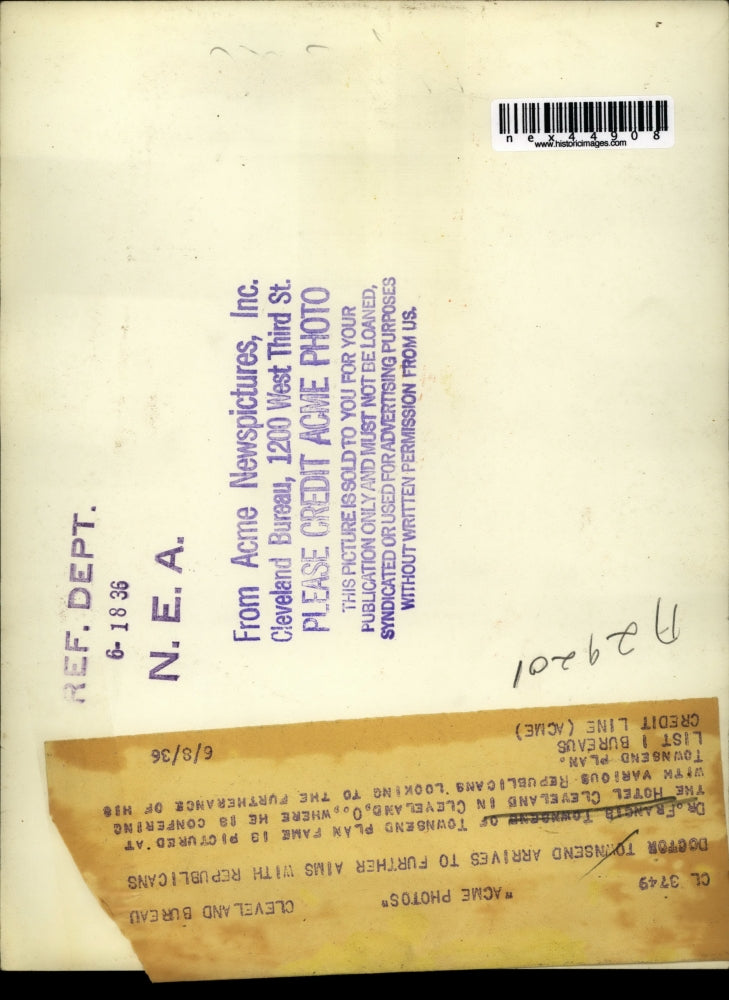 1936 Press Photo Dr. Francis Townsend at Hotel Cleveland