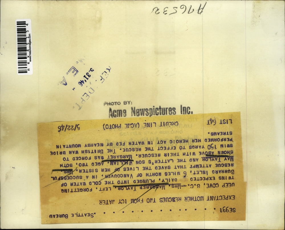 1946 Press Photo Mrs. Margaret Taylor saved the lives of May Taylor and William