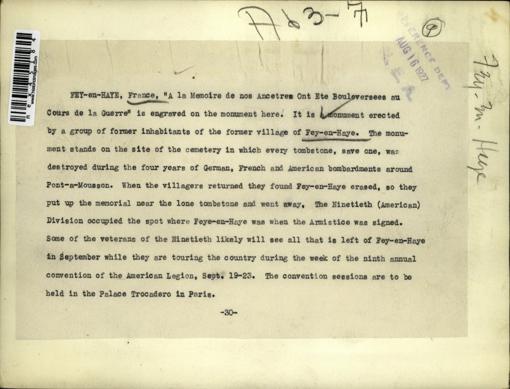 1927 Press Photo Fey en Haye France memorial