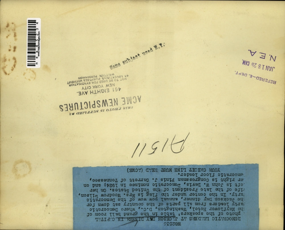 1926 Press Photo Democratic Leaders at Jackson Dinner in Mayflower Hotel Wash.