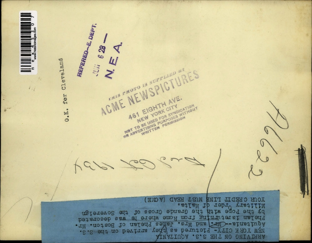 1928 Press Photo Mr. and Mrs. James Phelan arrives in New York