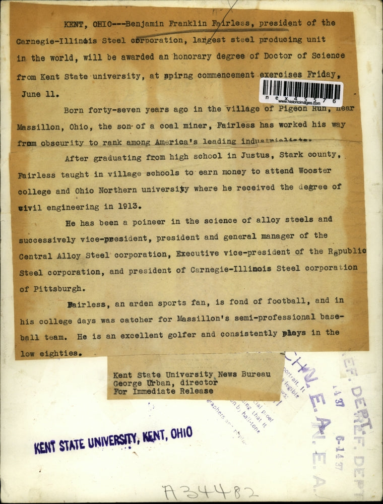 1937 Press Photo Benjamin Franklin Fairless, President of the Carnegie Illinois