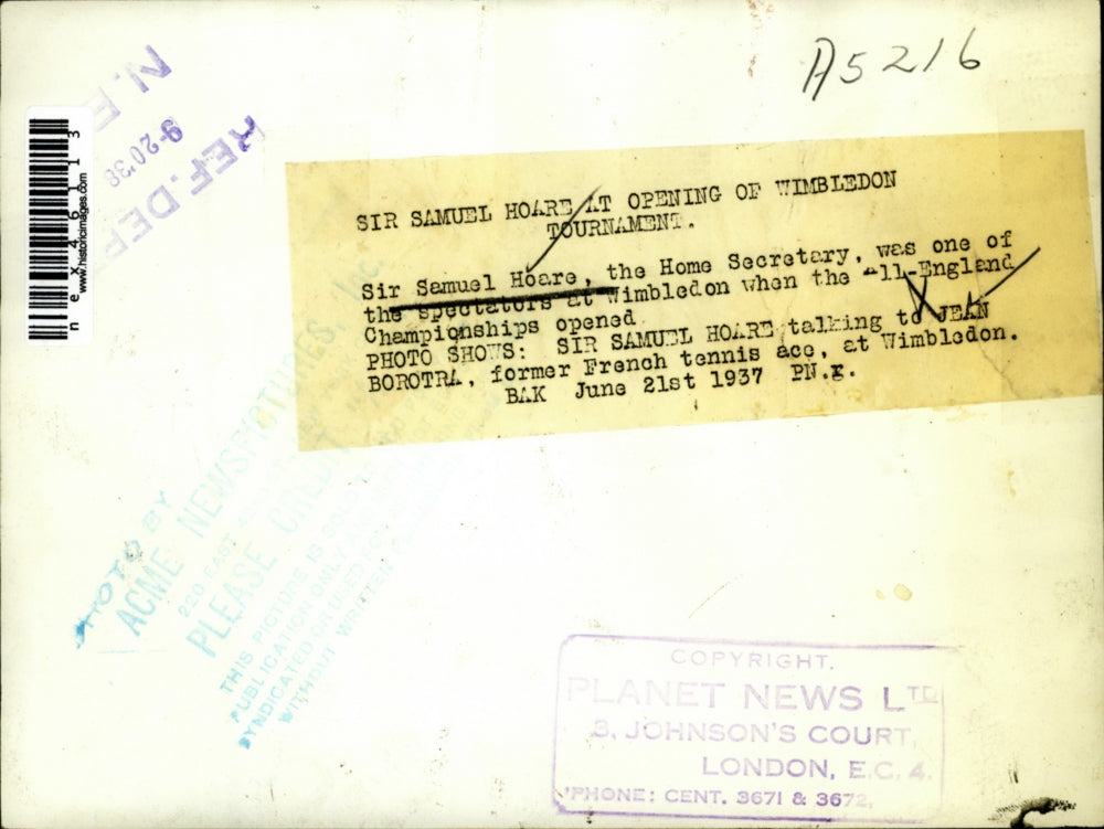 1936 Press Photo Sir Samuel Hoare Home Secy & Jean Borotra tennis ace