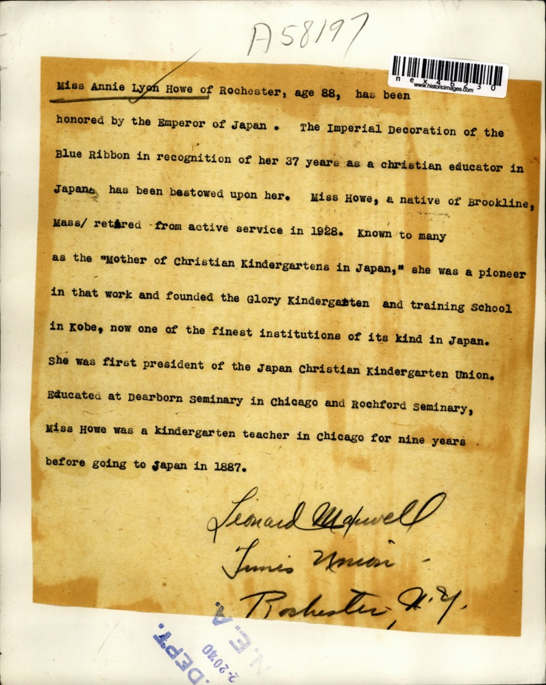 1940 Press Photo Annie Lyon Howe Rochester Honored by Emperor Japan Blue Ribbon