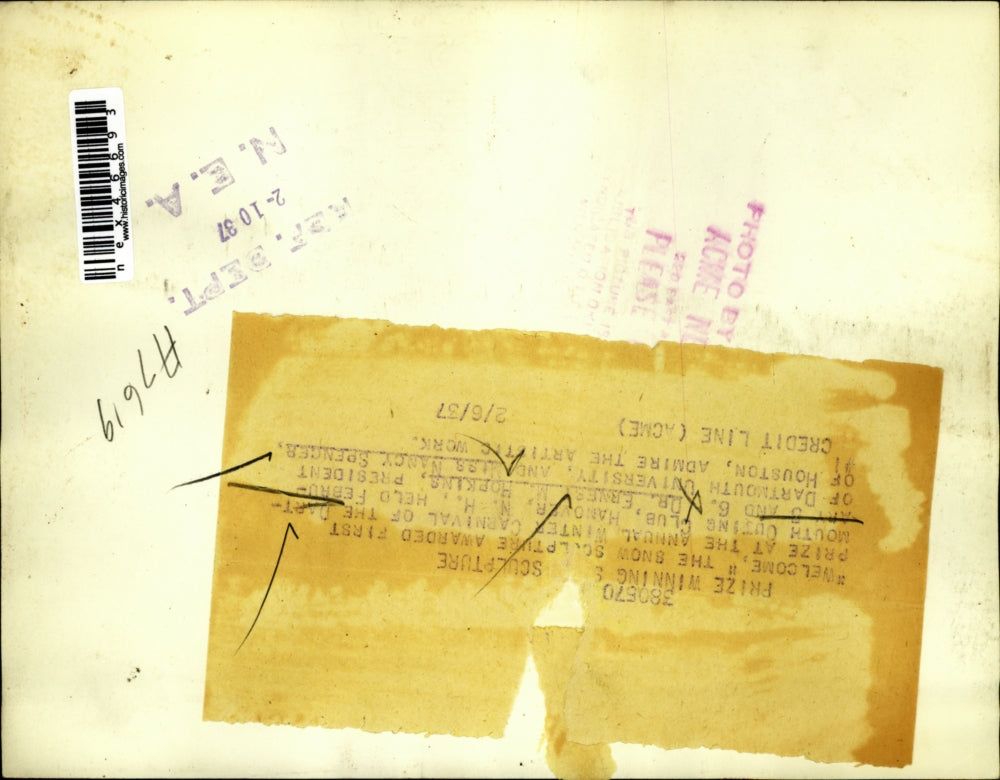 1937 Press Photo Snow sculpture at Winter Carnival at Dartmouth