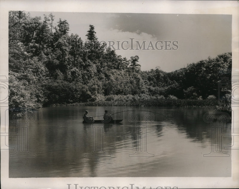 Load image into Gallery viewer, 1939 Press Photo Two Young Anglers in the Placid Waters of Mountain Lake in NC
