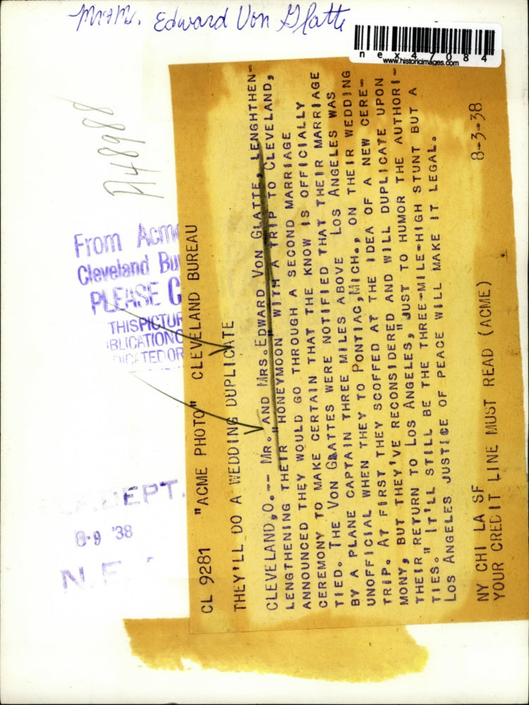 1938 Press Photo Mr and Mrs Edward Von Glatte on honeymoon in Cleveland