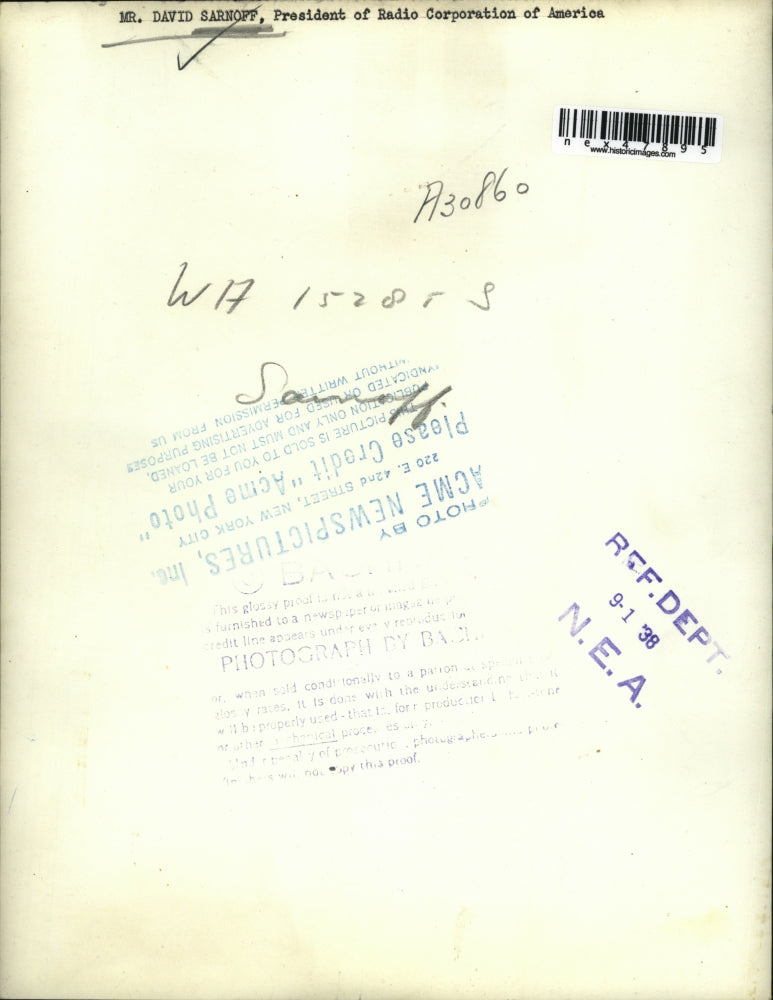 1938 Press Photo Mr David Sarnoff, Pres of Radio Corporation of America