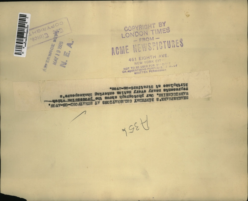 1926 Press Photo Shakespeare's Birthday Celebration at Stratford-on-Avon