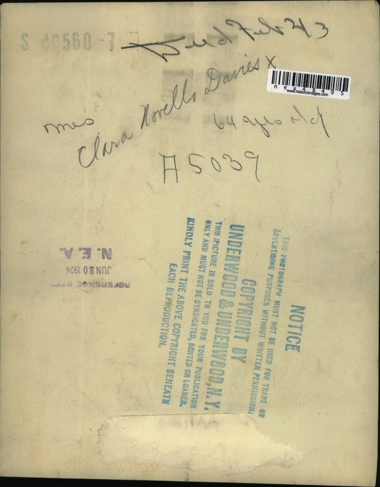 1924 Press Photo Mrs Clara Novella Dacies age 64