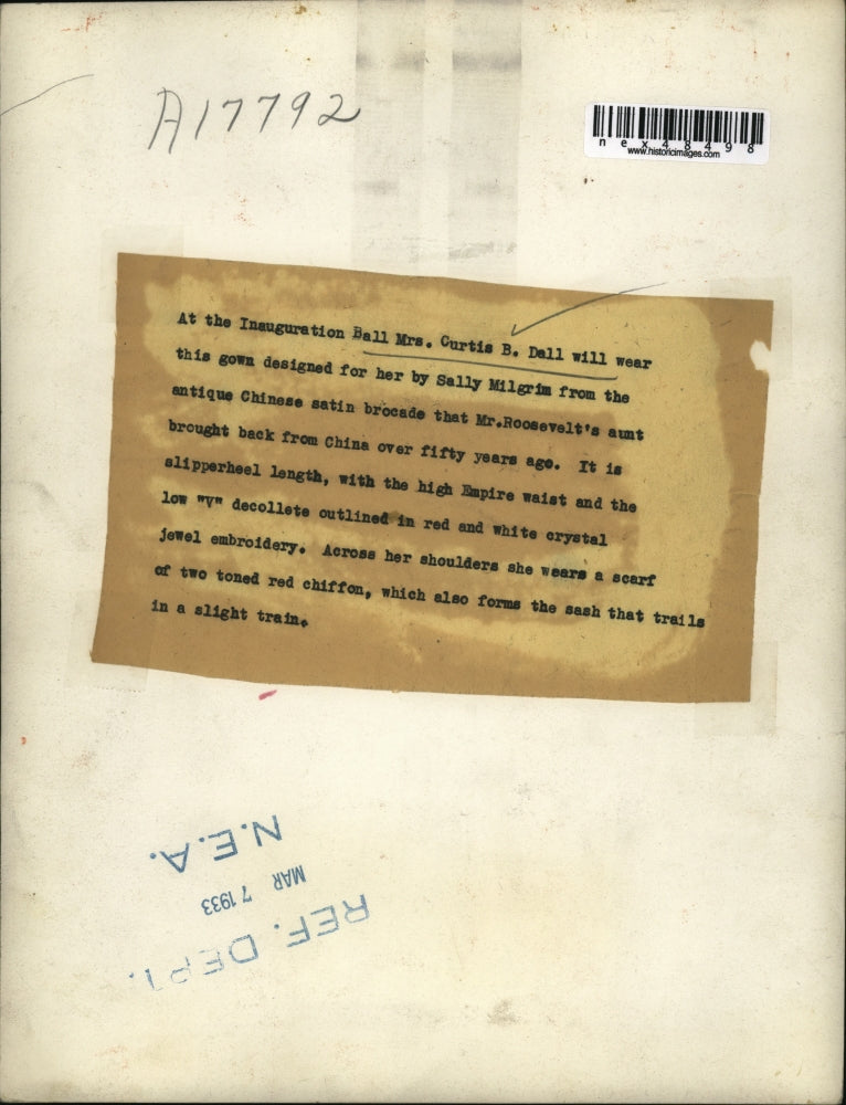 1933 Press Photo Inaugration ball Mrs Curtis B Dell in gown by Sally Milgrim