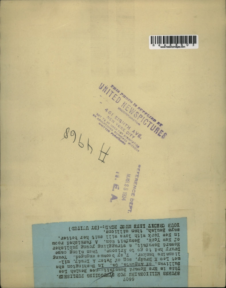 1924 Press Photo Beaulah Lee Sullivan left millionare for publisher H. Beaufait