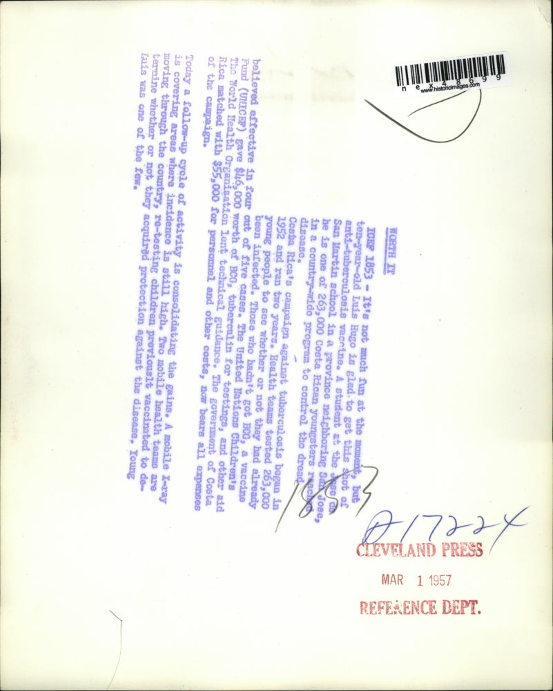 1957 Press Photo Luis Hugo getting anti-tuberculosis vaccine