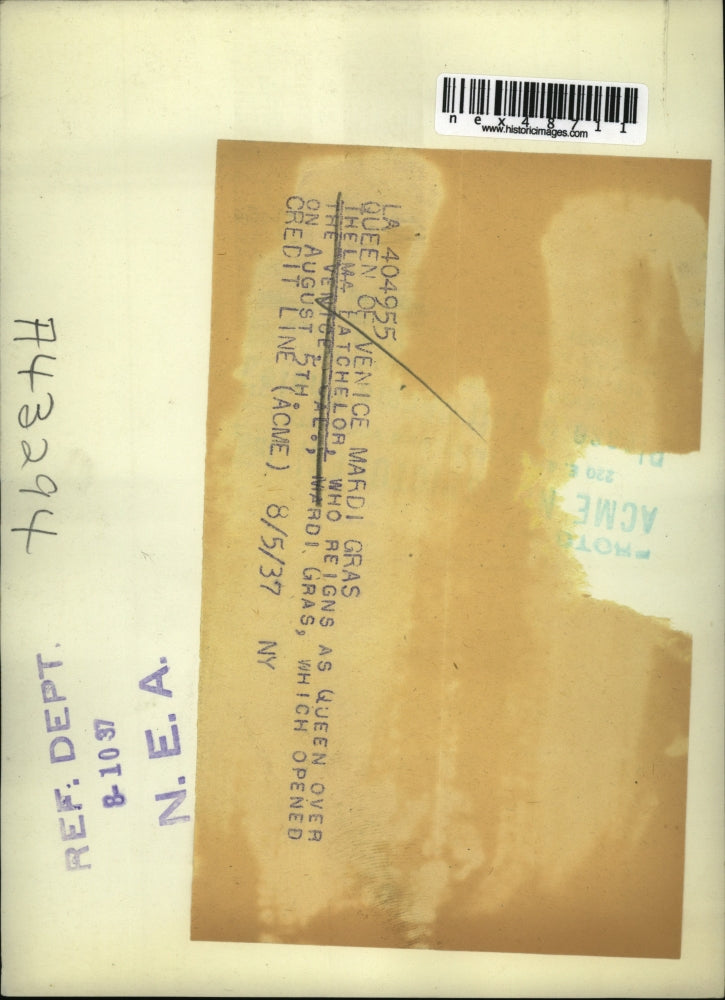 1937 Press Photo Thelma Batchelor Queen over Venice Mardi Gras