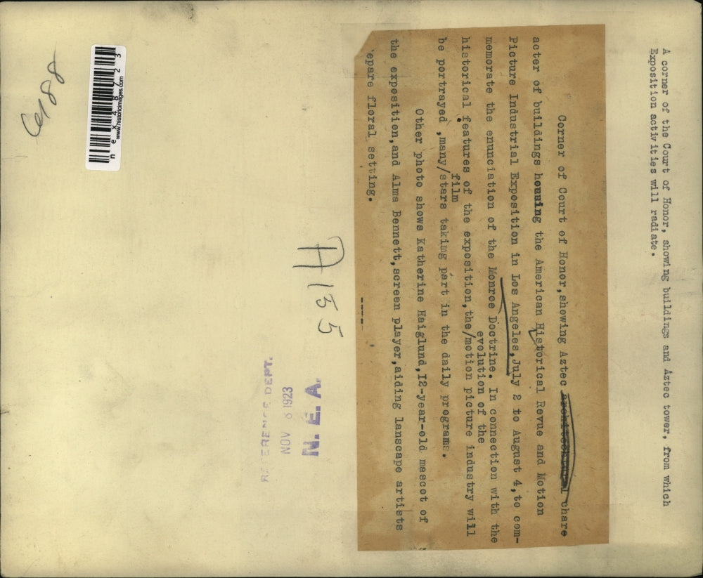 1923 Press Photo Corner of Court of Honor buildings and Aztec Tower.