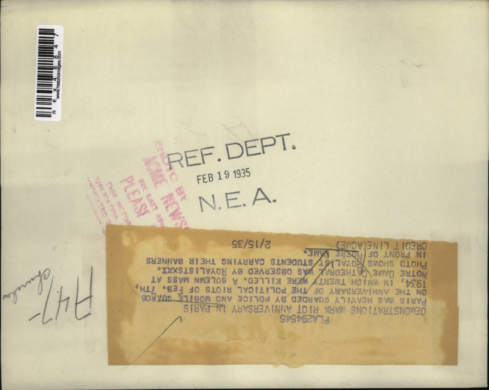 1935 Press Photo Demonstrations mark riot anniversary in Notre Dame, Paris