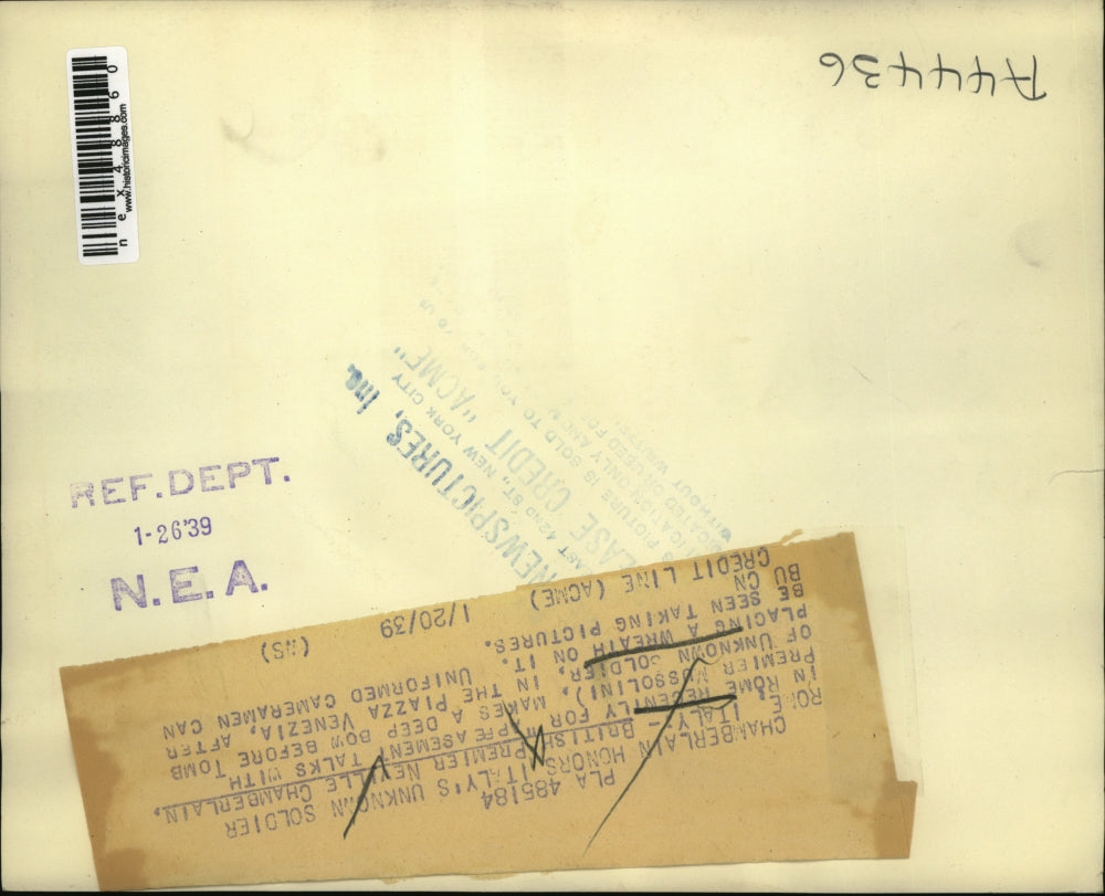 1939 Press Photo British Premier Neville Chamberlai at Tomb of Unknown Soldiers