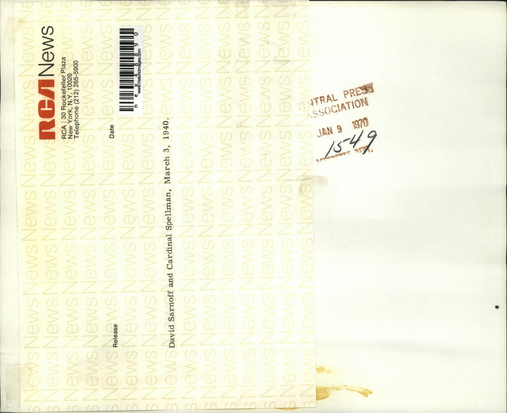 1970 Press Photo David Sarnoff and Cardinal Spellman