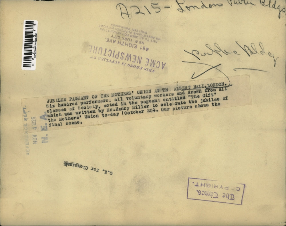 1926 Press Photo Jubilee Pageant of Mothers' Union at Albert Hall, London