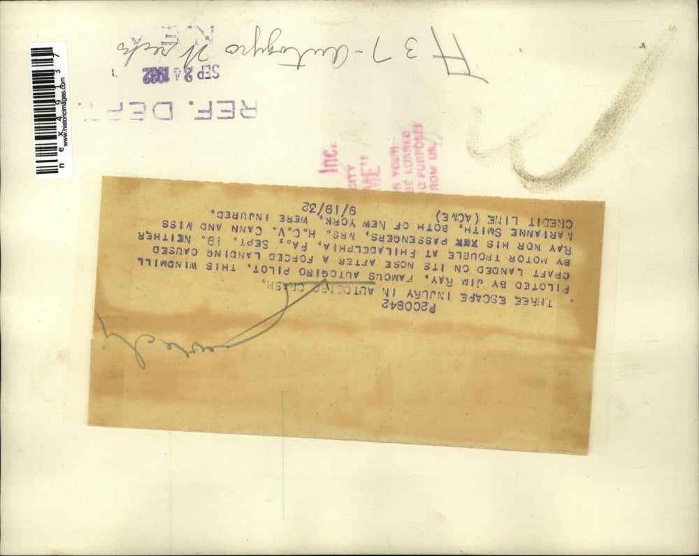 1932 Press Photo Pilot Jim Ray, Mrs HCV Cann & Miss Marianne Smith in crash