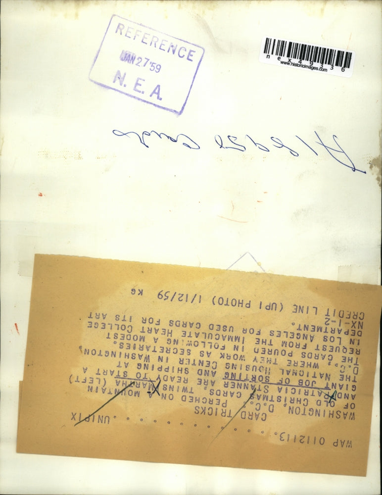 1959 Press Photo Twins Martha and Patricia Stanner sorting Christmas cards.