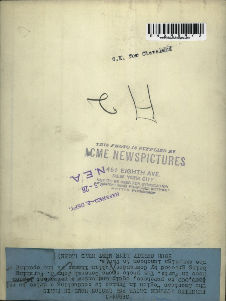 1928 Press Photo General John J Pershing greeted by Comm Julian Thomas in Paris