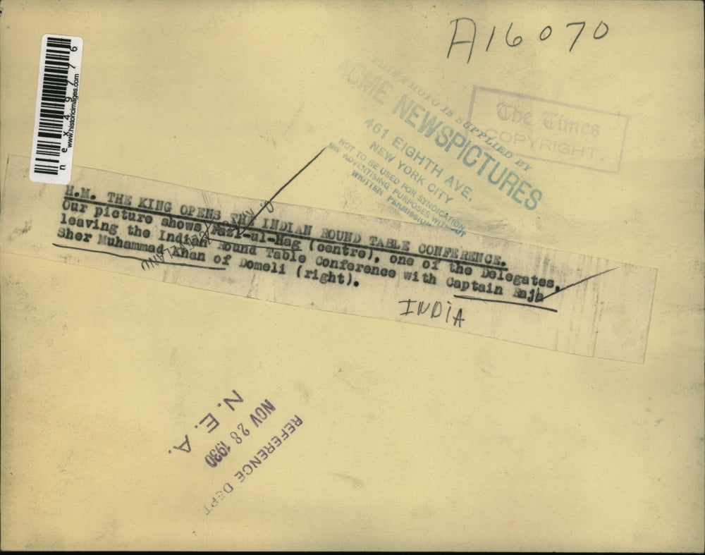 1930 Press Photo Fazl ul Hag, one of the delegates with Captain Raja