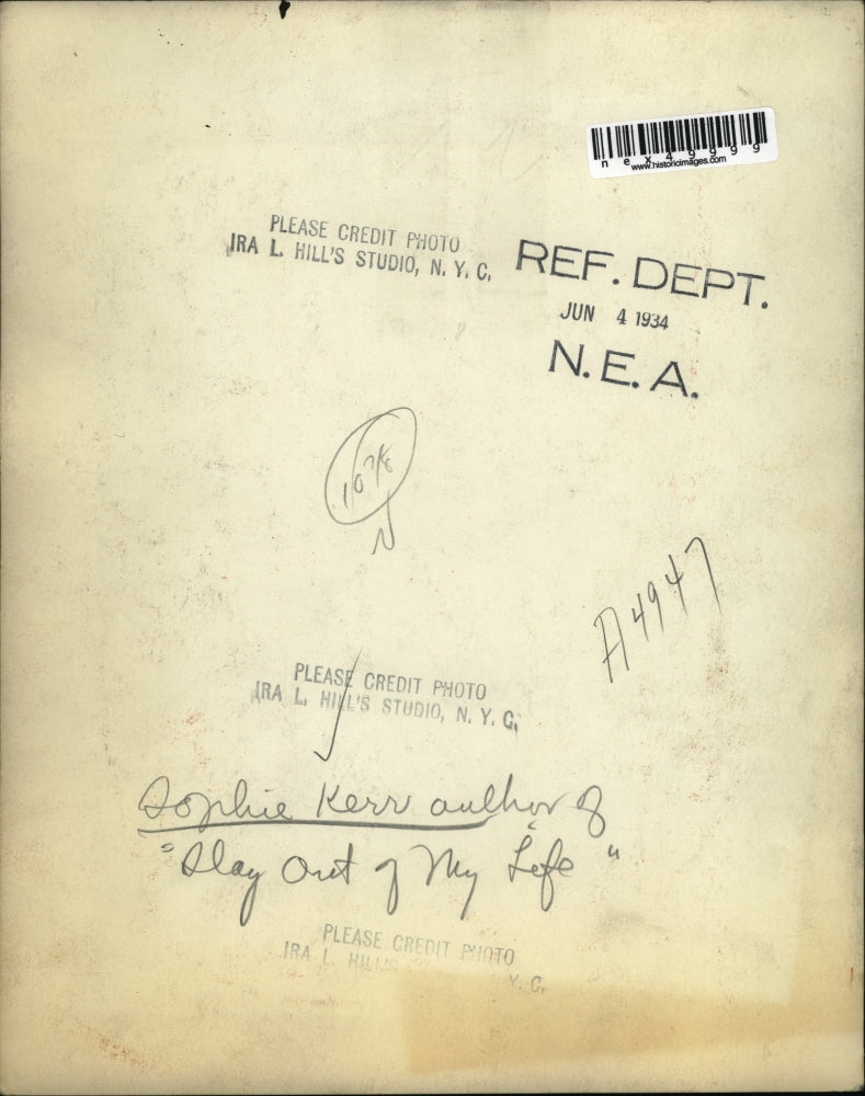 1934 Press Photo Sophie Kerr, author of Slay Out of My Life