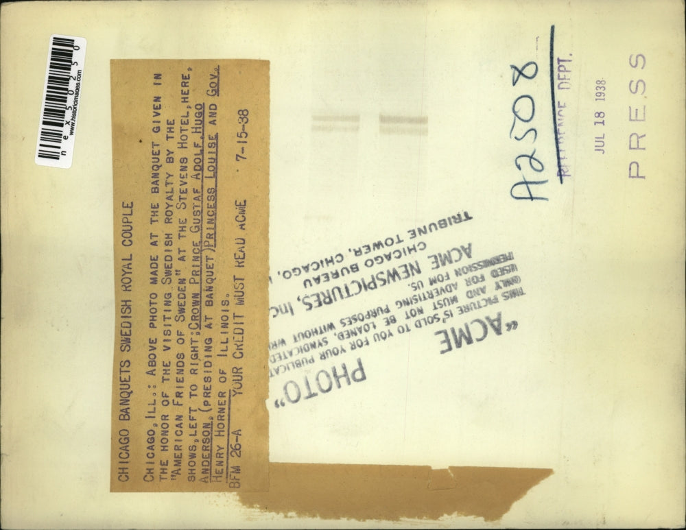 1938 Press Photo Swedish Prince Gustaf Adolf Hugo Anderson & Princess Louise